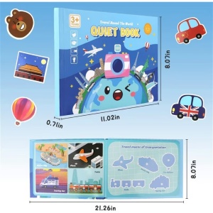 Carte interactiva Quiet Book Montessori, piese cu scai reutilizabile, In jurul Lumii, 10 pagini, #JJ5664 - Img 5