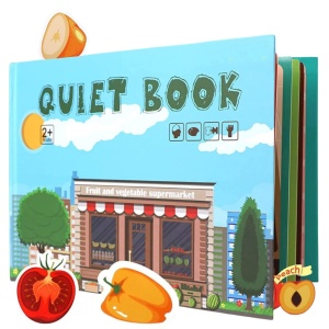 Carte interactiva Quiet Book Montessori, piese cu scai reutilizabile, Model Fructe si Legume, 10 pagini, #JJ5662