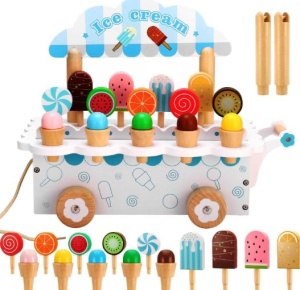 Carucior de Inghetata din Lemn cu Accesorii, snur de tras, Joc de Rol creativ, multicolor #JJ5139