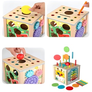 Cub Educativ Montessori din Lemn, Multifunctional (Sortator, xilofon, ceas, labirint etc) #JJ5544 - Img 5