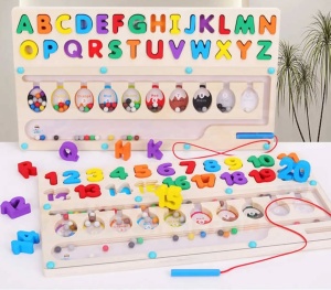 Joc Montessori 2 in 1 din Lemn, Sortare culori, Alfabet, creion magnetic #JJ5361