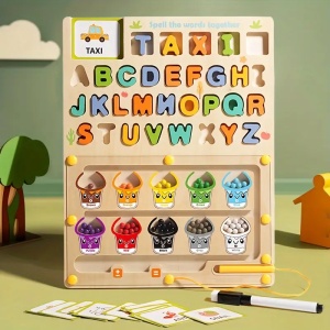 Joc Montessori 5 in 1 din Lemn, Sortare culori, Alfabet, Cuvinte, Desen, Operatii, cu Creion Magnetic si Marker #JJ5209