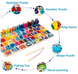 Joc Montessori din Lemn 7 in 1 cu Litere, Cifre, Inele, Pestisori, Vehicule, si Forme Geometrice #JJ5144 - Img 5