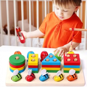 Joc Montessori din Lemn de Sortat si Pescuit cu Forme Geometrice, Peștișori și Albinuțe, Undița magnetică , Multicolor #JJ5118 - Img 2