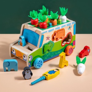 Masinuta Montessori Educativa din Lemn 6 in 1 cu Sortator, Figurine, Morcovi, Labirint #JJ5542
