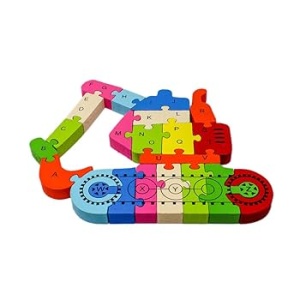 Puzzle 3D din Lemn Escavator fata/verso cu Alfabet/ Numere, 26 piese, multicolor #JJ5199 - Img 4