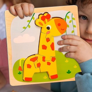 Puzzle 3D din Lemn Model Girafa, 4 piese, tip Montessori #JJ5591 - Img 5