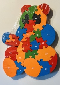 Puzzle 3D din Lemn Ursulet fata/verso cu Alfabet/ Numere, tip Montessori, multicolor #JJ5195