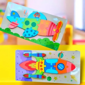 Puzzle din lemn cu placa suport, Avion, 10 piese mari, 30x15cm, Multicolor #JJ5599 - Img 6
