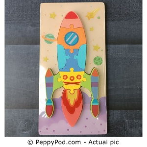 Puzzle din lemn cu placa suport, Racheta, 10 piese mari, 30x15cm, Multicolor #JJ5597 - Img 8