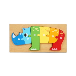 Puzzle din lemn cu placa suport, Rinocer, 6 piese mari numerotate, multicolor #JJ5566 - Img 2