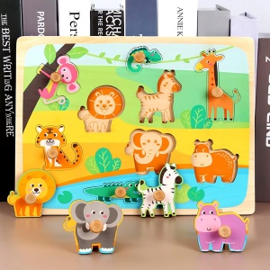 Puzzle Incastru Montessori din Lemn cu Maner: Animale din Jungla, 9 piese #JJ5323