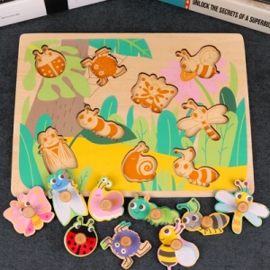 Puzzle Incastru Montessori din Lemn cu Maner: Insecte, 9 piese #JJ5400 - Img 2