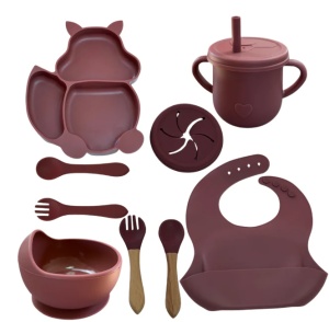 Set 10 piese Diversificare Bebelusi din Silicon, Model Veverita, fara alergeni, Bordeaux #JJ5448