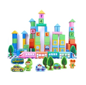 Set 100 Cuburi de Construit din Lemn, Model Smart Town, multicolor #JJ5291 - Img 6