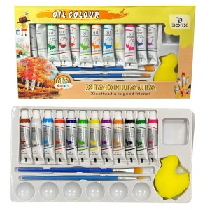 Set 12 tuburi Acuarele Tempera pe Baza de Ulei, suport, 2 pensule si buretel, Multicolor #JJ5289
