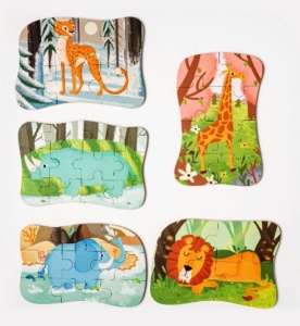 Set 5 Puzzle-uri cu Piese Mari in Cutie Metalica , Animale din Savana #JJ5651 - Img 2