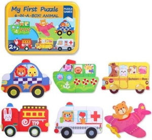 Set 6 Puzzle-uri cu Piese Mari in Cutie Metalica, Model Masini #JJ5610