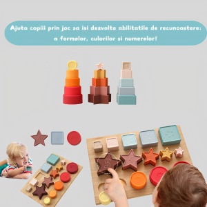 Set Educativ tip Montessori din Lemn si Silicon, cu Forme Geometrice Stivuibile, Multicolor #JJ5460 - Img 5