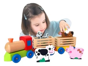 Trenulet din Lemn cu Animale, Locomotiva si 2 Vagoane, 40 cm, Multicolor #JJ5407 - Img 3