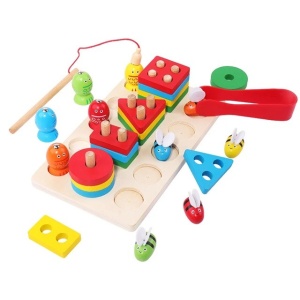🌈Oferta zilei❗Joc Montessori din Lemn de Sortat si Pescuit cu Forme Geometrice, Pestisori si Albinute, Undita magnetica , Multicolor #JJ5118 - Img 4