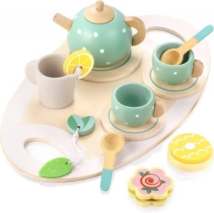 🌈Oferta zilei❗Set de Ceai din Lemn Afternoon Tea pentru Joc de Rol, 15 piese, nunate Pastel #JJ5104