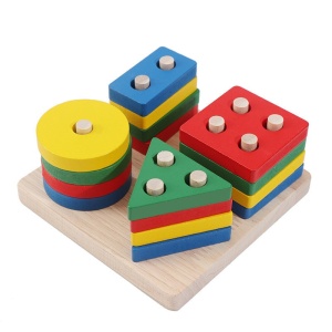 🌈Oferta zilei❗Sortator Montessori din Lemn cu 4 Coloane de pini si 16 Forme Geometrice #JJ5149