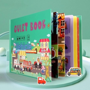 Carte interactiva Quiet Book Montessori, piese cu scai reutilizabile, Vehicule si Masini, 10 pagini, #JJ5663