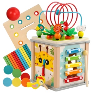 Cub Educativ Montessori din Lemn, Multifunctional (Sortator, xilofon, ceas, labirint etc) #JJ5544 - Img 2