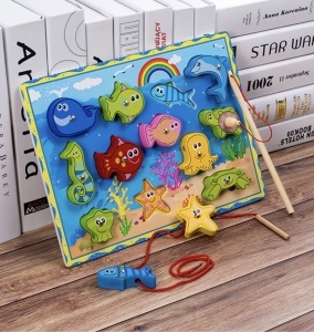 Joc 3 in 1 din Lemn, Pescuit, Snuruit, Puzzle Incastru Animale Marine #JJ5562