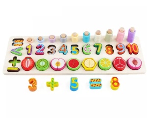 Joc educativ din lemn tip Montessori, 3 in 1: sortator culori, cifre și fructe pentru feliat #JJ5043 - Img 1