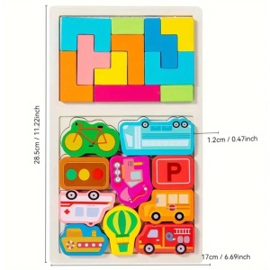 Joc Geometric 2 in 1 tip Tetris din Lemn, Model Masini, Potrivire Logica, 21 piese #JJ5166 - Img 3