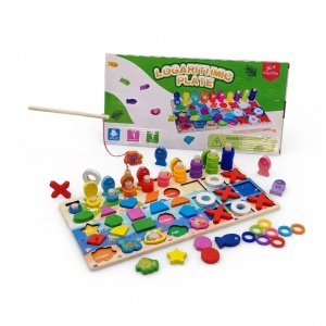 Joc Montessori din Lemn 4 in 1 cu Sortator Inele, Pestisori, Animale, X si 0, Forme Geometrice #JJ5571