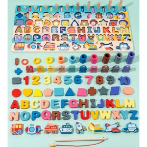 Joc Montessori din Lemn 7 in 1 cu Litere, Cifre, Inele, Pestisori, Vehicule, si Forme Geometrice #JJ5144 - Img 2