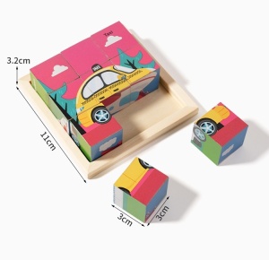 Puzzle 3D din Lemn, 9 Cuburi, 6 Fete, Model Dinozauri, tip Montessori #JJ5648 - Img 3