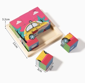 Puzzle 3D din Lemn, 9 Cuburi, 6 Fete, Model Masini, tip Montessori #JJ5492 - Img 3