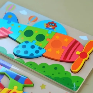 Puzzle din lemn cu placa suport, Avion, 10 piese mari, 30x15cm, Multicolor #JJ5599 - Img 3