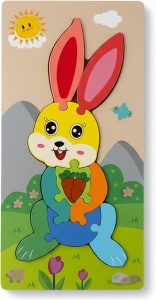 Puzzle din lemn cu placa suport, Iepuras, 9 piese mari, 30x15cm, Multicolor #JJ5611 - Img 3