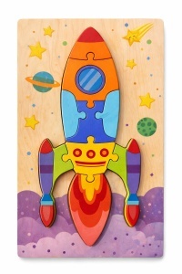 Puzzle din lemn cu placa suport, Racheta, 10 piese mari, 30x15cm, Multicolor #JJ5597 - Img 5