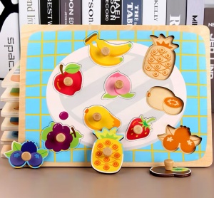 Puzzle Incastru Montessori din Lemn cu Maner: Fructe, 9 piese #JJ5324