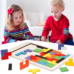 Puzzle Montessori din Lemn tip Tetris cu Forme Neregulate , 3D, 40 piese #JJ5532 - Img 4