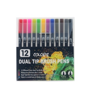 Set 12 Carioci pe Baza de Apa pentru Desen si Pictura, 2 tipuri de Varf (1-2 mm și 0.4 mm), Multicolor #JJ5179