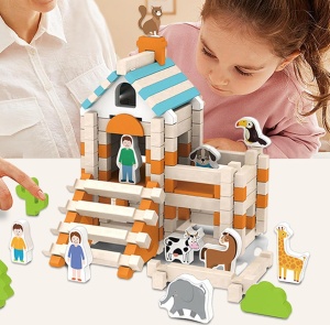 Set blocuri de construcție Montessori din lemn cu figurine, 122 piese #JJ5016 - Img 3