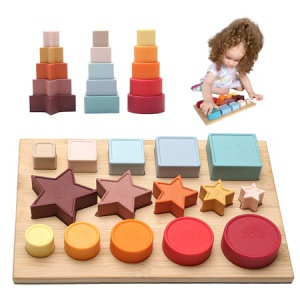 Set Educativ tip Montessori din Lemn si Silicon, cu Forme Geometrice Stivuibile, Multicolor #JJ5460 - Img 2