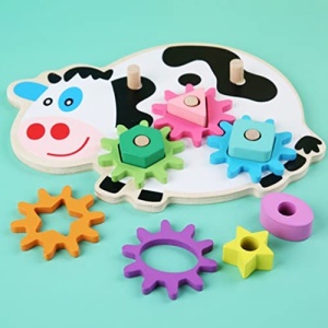 Sortator din Lemn Vacuta cu Roti Dintate, forme geometrice, tip Montessori, Multicolor #JJ5424