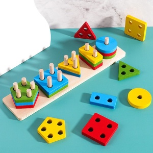 Sortator Montessori din lemn cu 5 coloane de pini și 20 forme geometrice #JJ5105 - Img 1