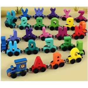 🌈Oferta zilei❗Trenulet educativ din Lemn, Magnetic, Model Alfabet, 27 piese #JJ5538 - Img 4