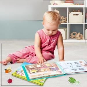 Carte interactiva Quiet Book Montessori, piese cu scai reutilizabile, Model Fructe si Legume, 10 pagini, #JJ5662 - Img 5