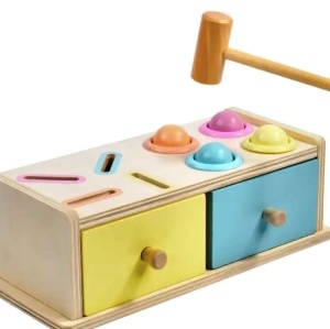 Joc educativ Cutia Permanentei din Lemn cu jetoane, bile, sertare si ciocanel, Multicolor #JJ5641 - Img 2