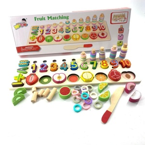 Joc educativ din lemn tip Montessori, 3 in 1: sortator culori, cifre și fructe pentru feliat #JJ5043 - Img 2